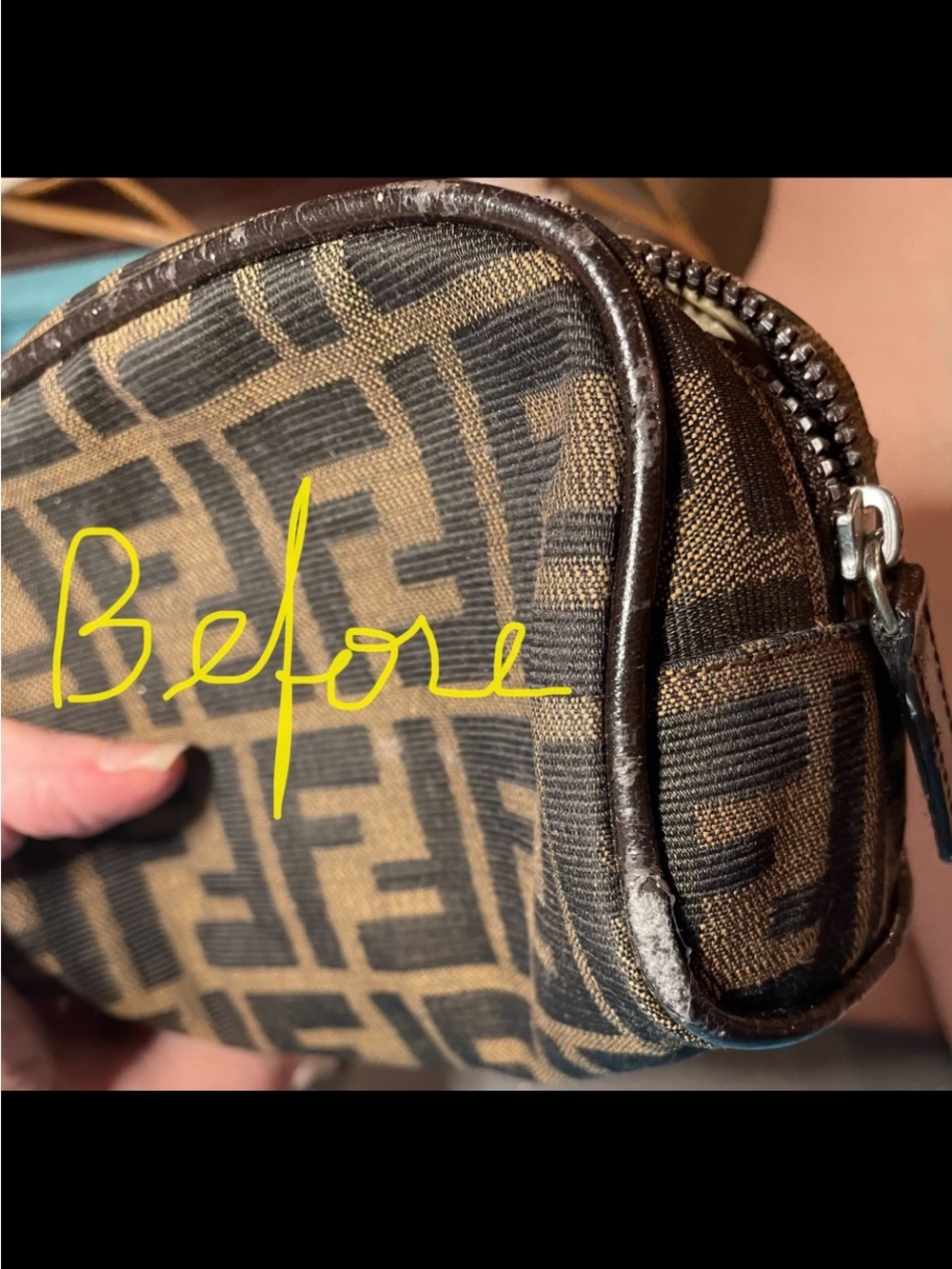 Fendi Authentic Vintage Brown and Black FF Monogram Pouch with Gold Trim - Picture 9 of 14